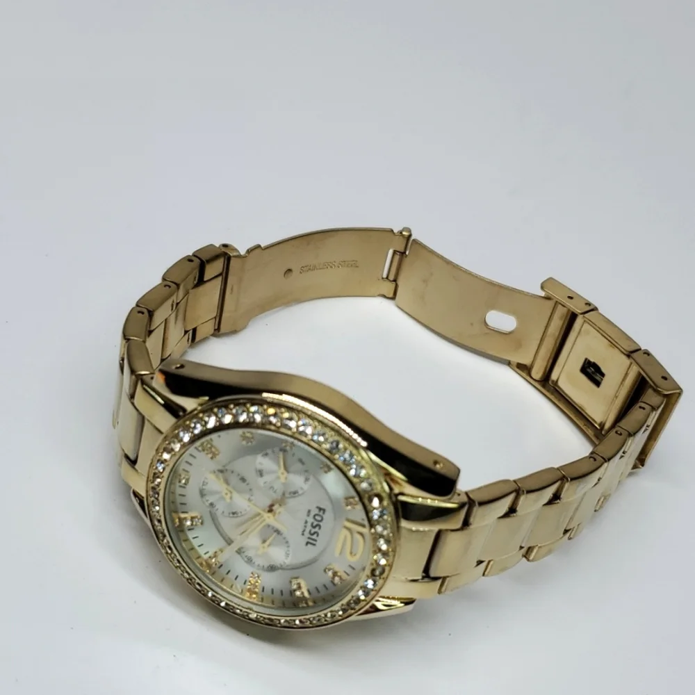 Fossil Watch ES2421 Gold Steel  Wristband Crystal Bezel White Face Multi
